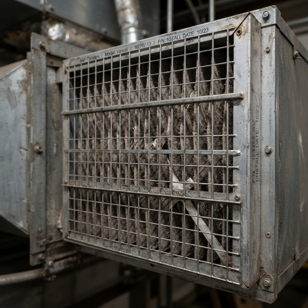 Close-up of an industrial HVAC air filter and airflow grille