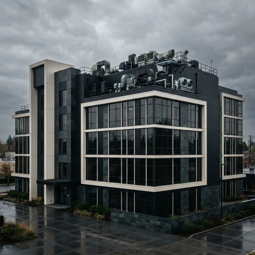 Modern commercial building exterior with rooftop mechanical equipment