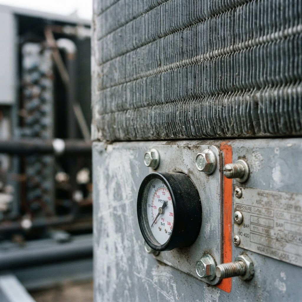Close-up of industrial HVAC equipment condenser fins and gauge