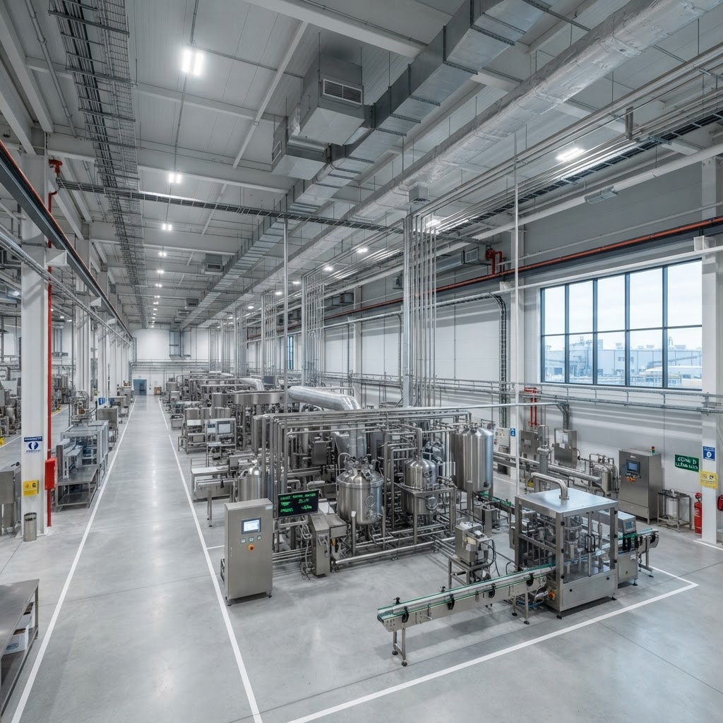 Industrial production facility floor with overhead climate-control ducts