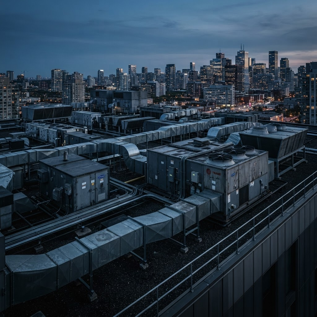 Industrial rooftop air conditioning units and ductwork at dusk