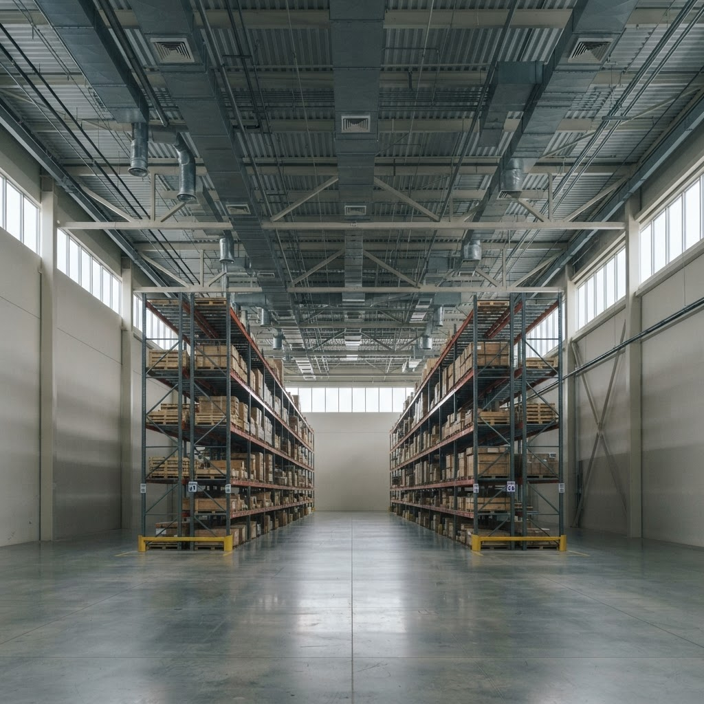 Interior of a large industrial warehouse with overhead ventilation ducts